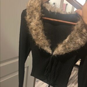 Black Sweater with Faux Fur Collar
